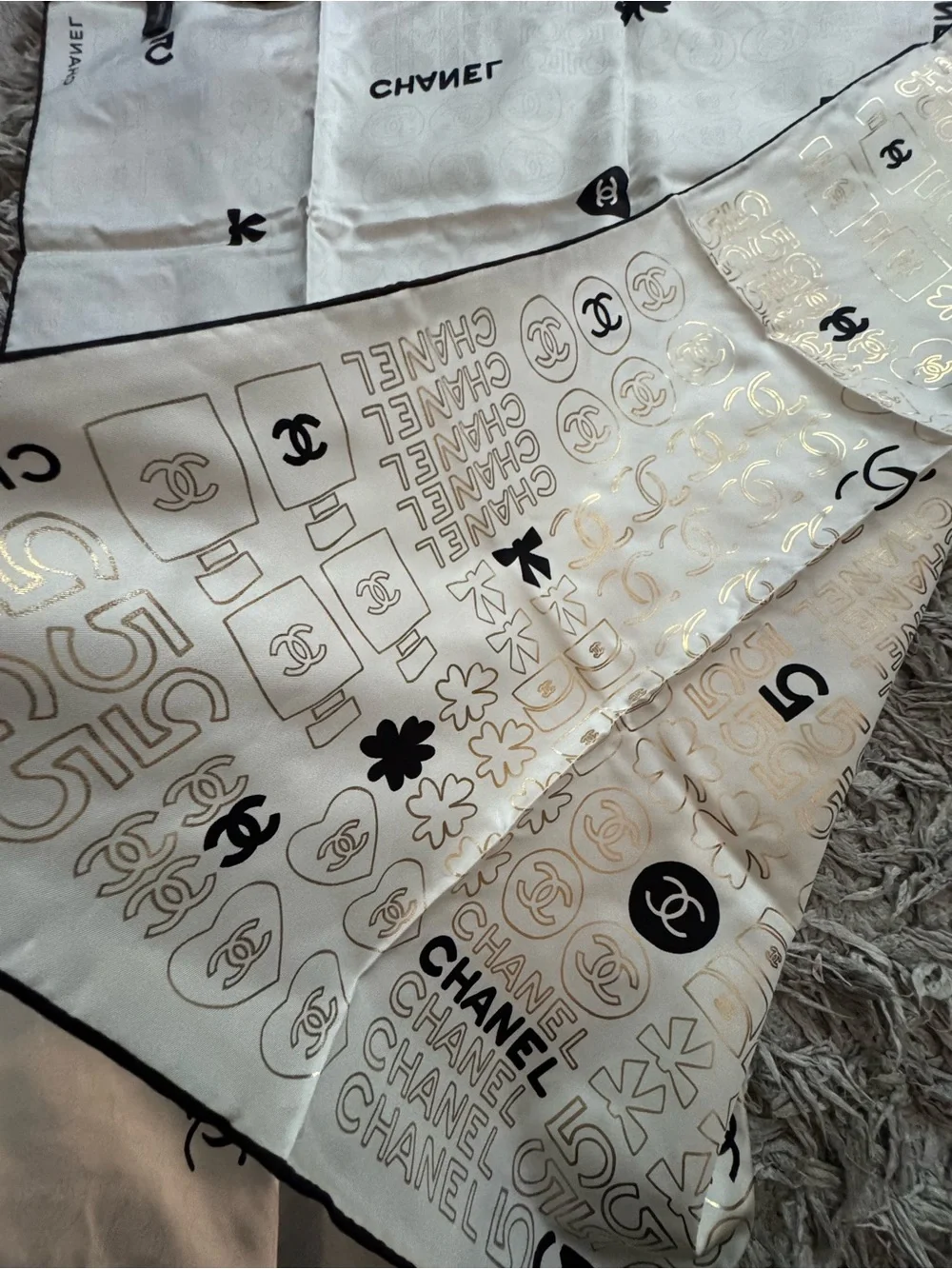 CHANEL Ivory Silk Logo & Motif Scarf with Black Accents
